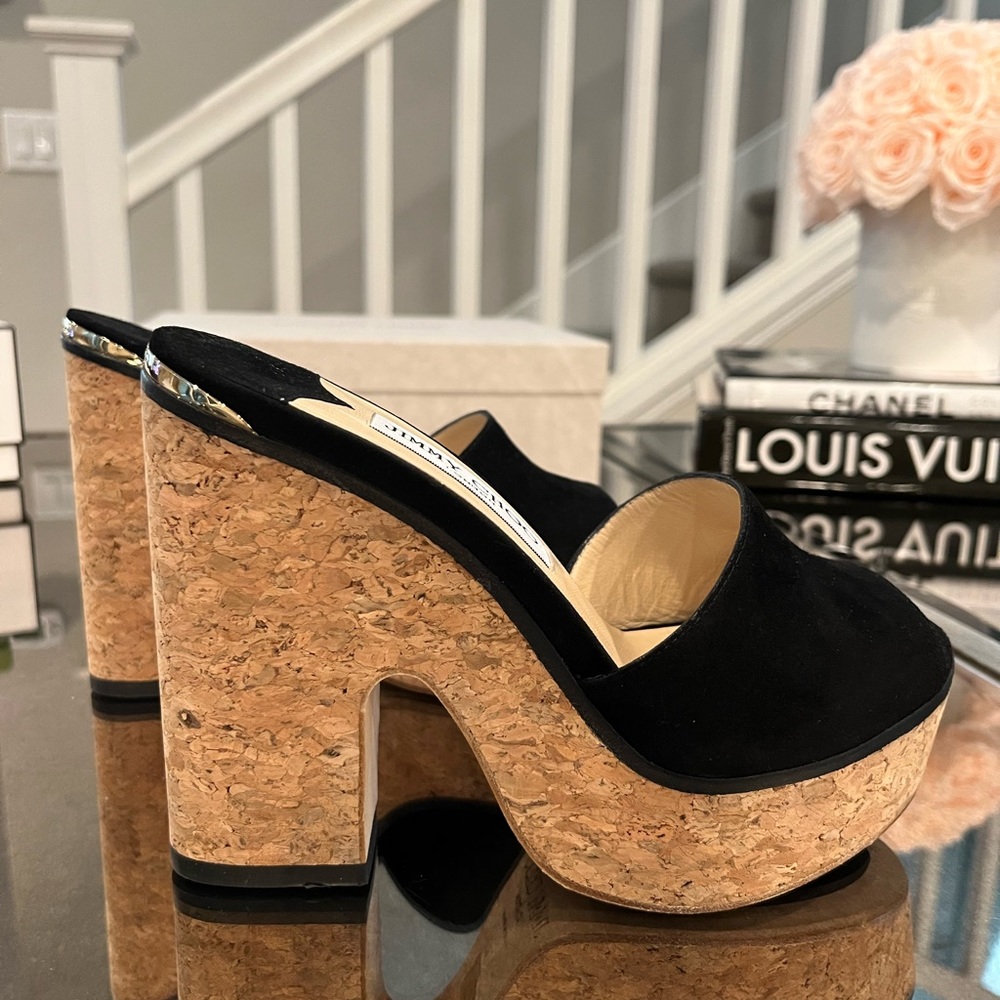JIMMY CHOO  Black Suede Platform Sandals size 36 1/2 - Picture 5 of 11